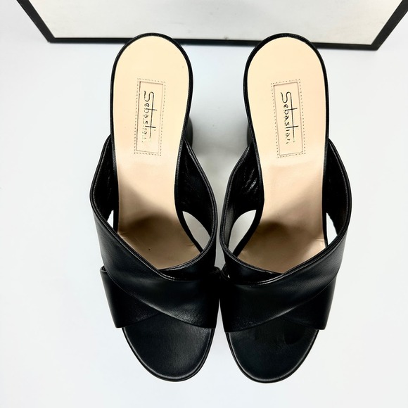 Sebastian Black Nappa Leather Strappy Sandals Size 38 EU Gold Block Heel Women's - Picture 3 of 10